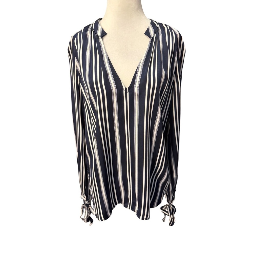 AG Adriano Goldschmied Navy White Striped V-Neck Tie Cuff Blouse Small NEW